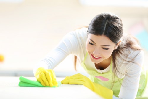 Cleaning professional using protective equipment during a carpet clean