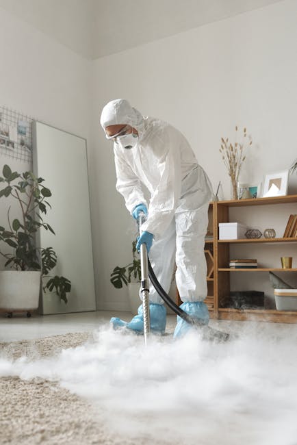 A professional cleaning specialist wearing full protective PPE, including a white coverall, face mask, and gloves, is using a steam or fogging machine on a beige carpet in a modern living room. The room features a white wall, a full-length mirror, and a wooden bookshelf with decorative items, plants, and books. The lighting is bright and natural, highlighting the cleanliness and freshness of the space. The image demonstrates deep surface cleaning and sanitisation practices, illustrating the cleaning services offered by Kingston Vale Carpet Cleaners in residential settings.